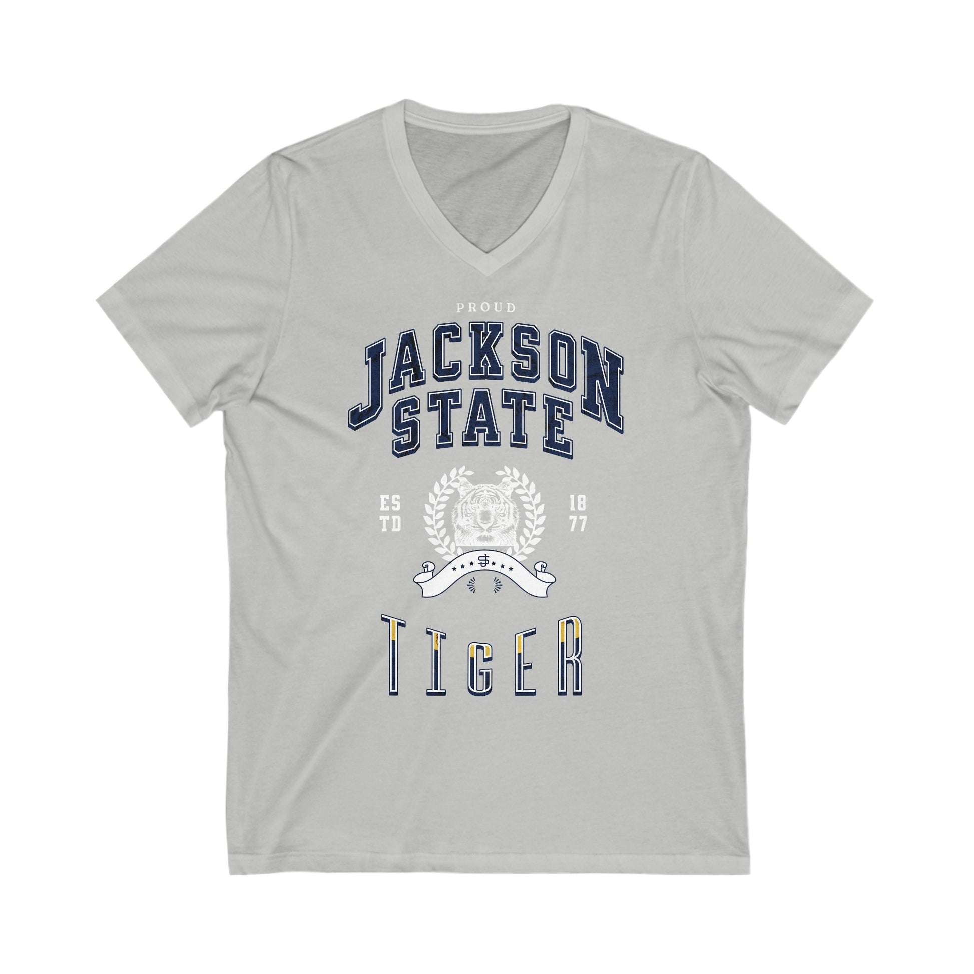 Proud Jackson State Tiger Men's White Jersey Short Sleeve V-Neck Tee Printify