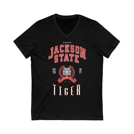 Proud Jackson State Tiger Women's Red Jersey Deep V-Neck Tee Printify