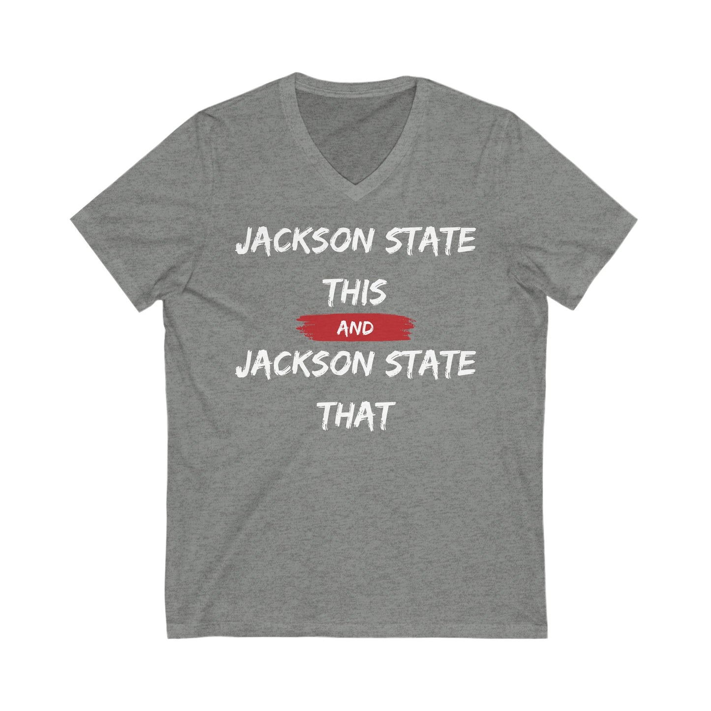 Jackson State This, Jackson State That White Red Block Women's Jersey V-Neck Tee Printify