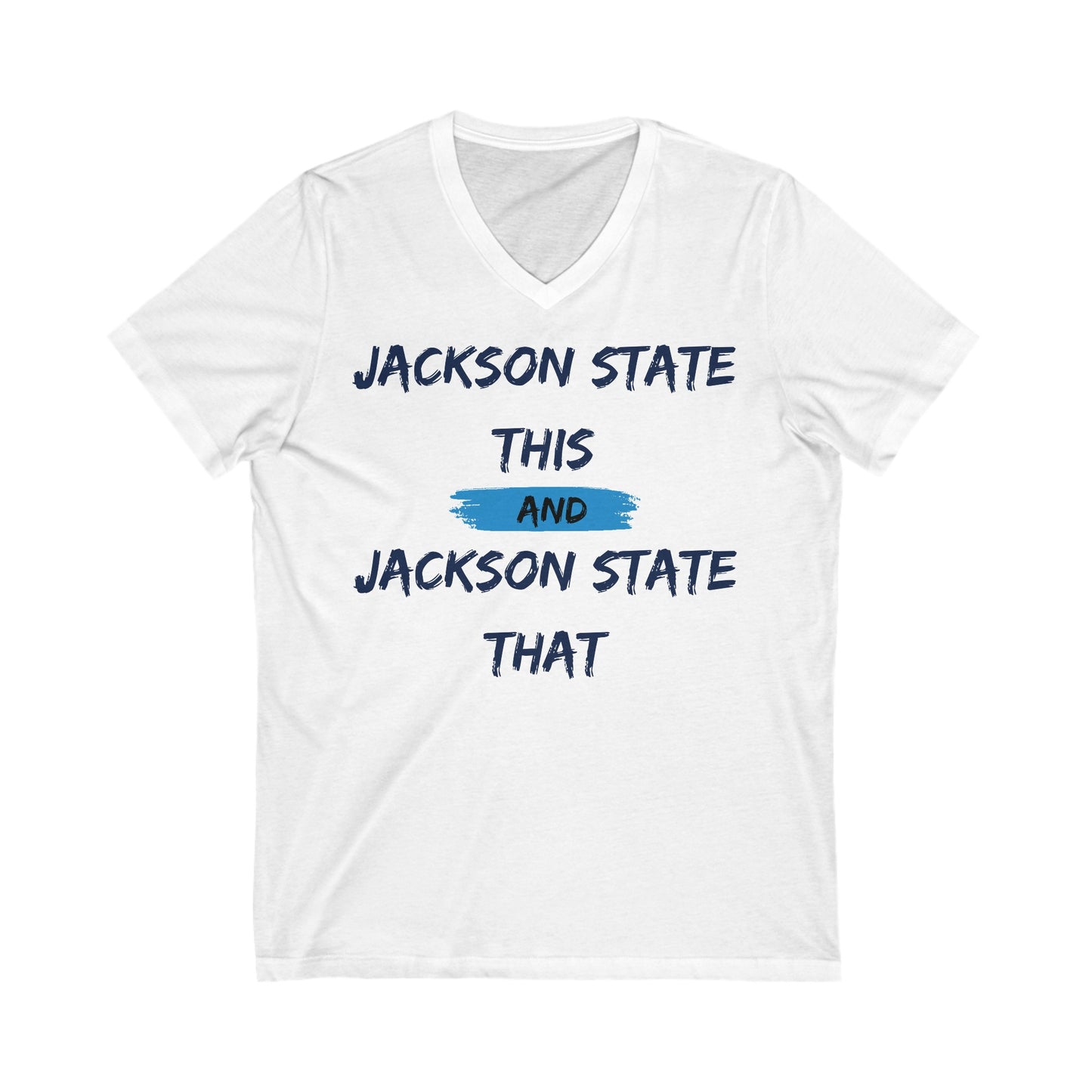 Jackson State This, Jackson State That Baby Blue Block Women's Jersey V-Neck Tee Printify