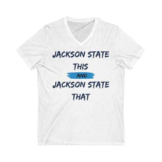 Jackson State This, Jackson State That Baby Blue Block Women's Jersey V-Neck Tee Printify