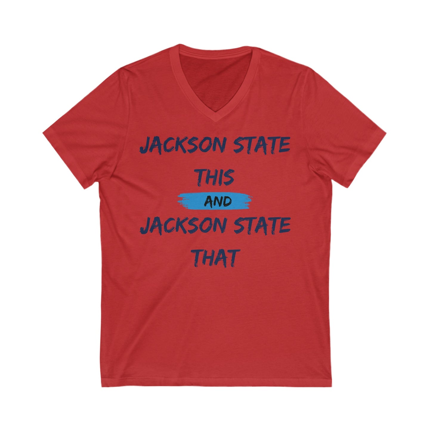 Jackson State This, Jackson State That Baby Blue Block Women's Jersey V-Neck Tee Printify