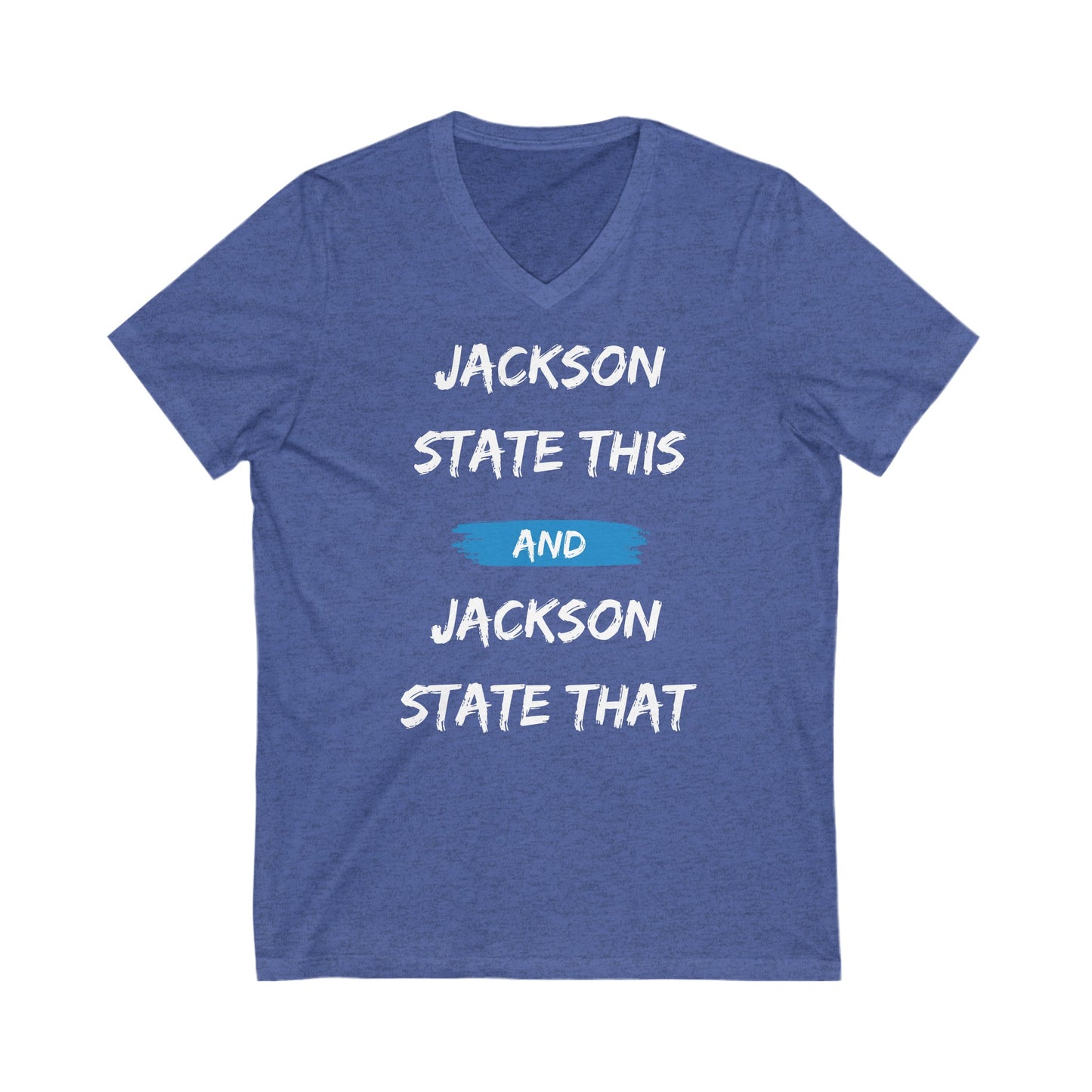 Jackson State This, Jackson State That White Baby Blue Block Women's Jersey Deep V-Neck Tee Printify