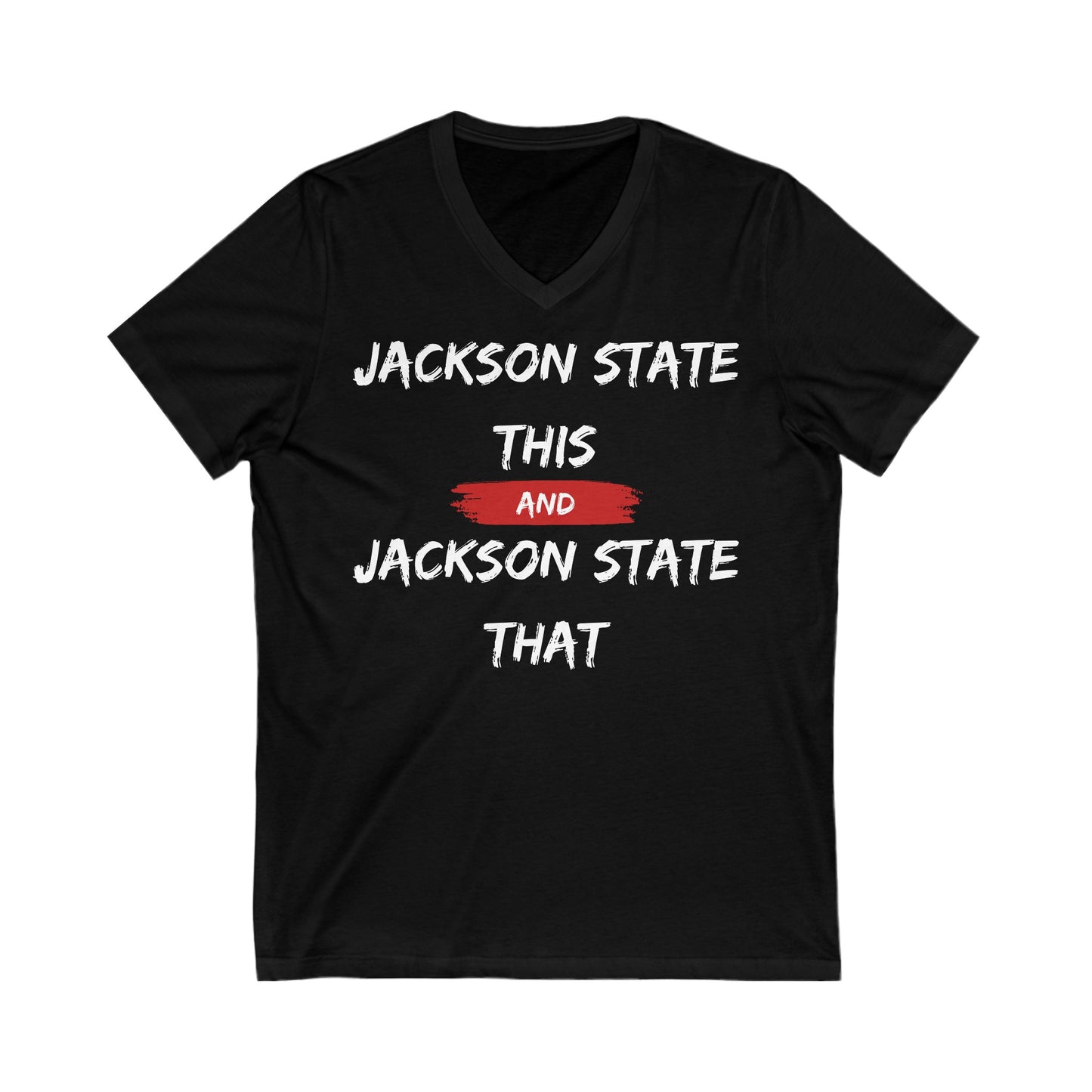 Jackson State This, Jackson State That White Red Block Men's Jersey Short V-Neck Tee Printify