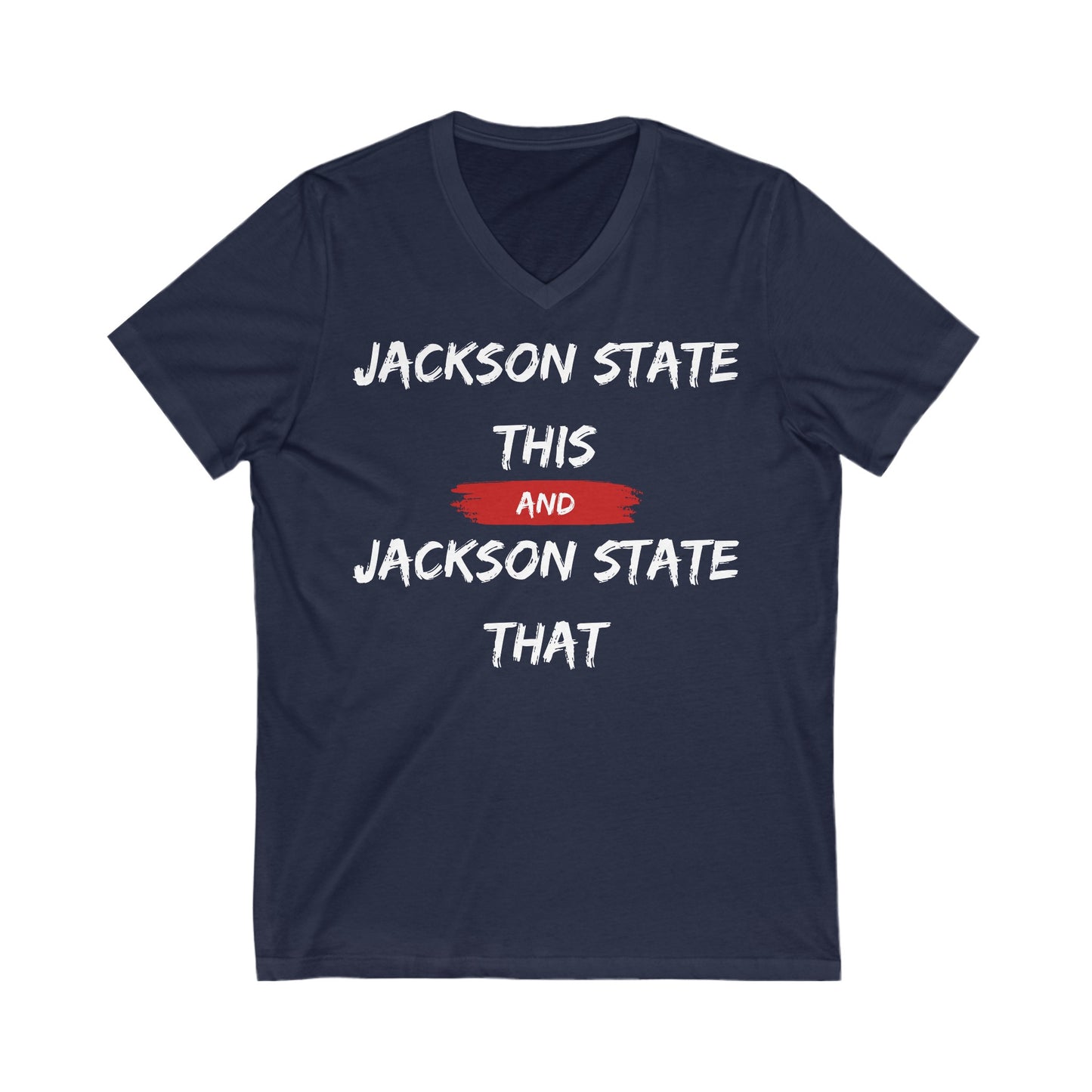 Jackson State This, Jackson State That White Red Block Men's Jersey Short V-Neck Tee Printify