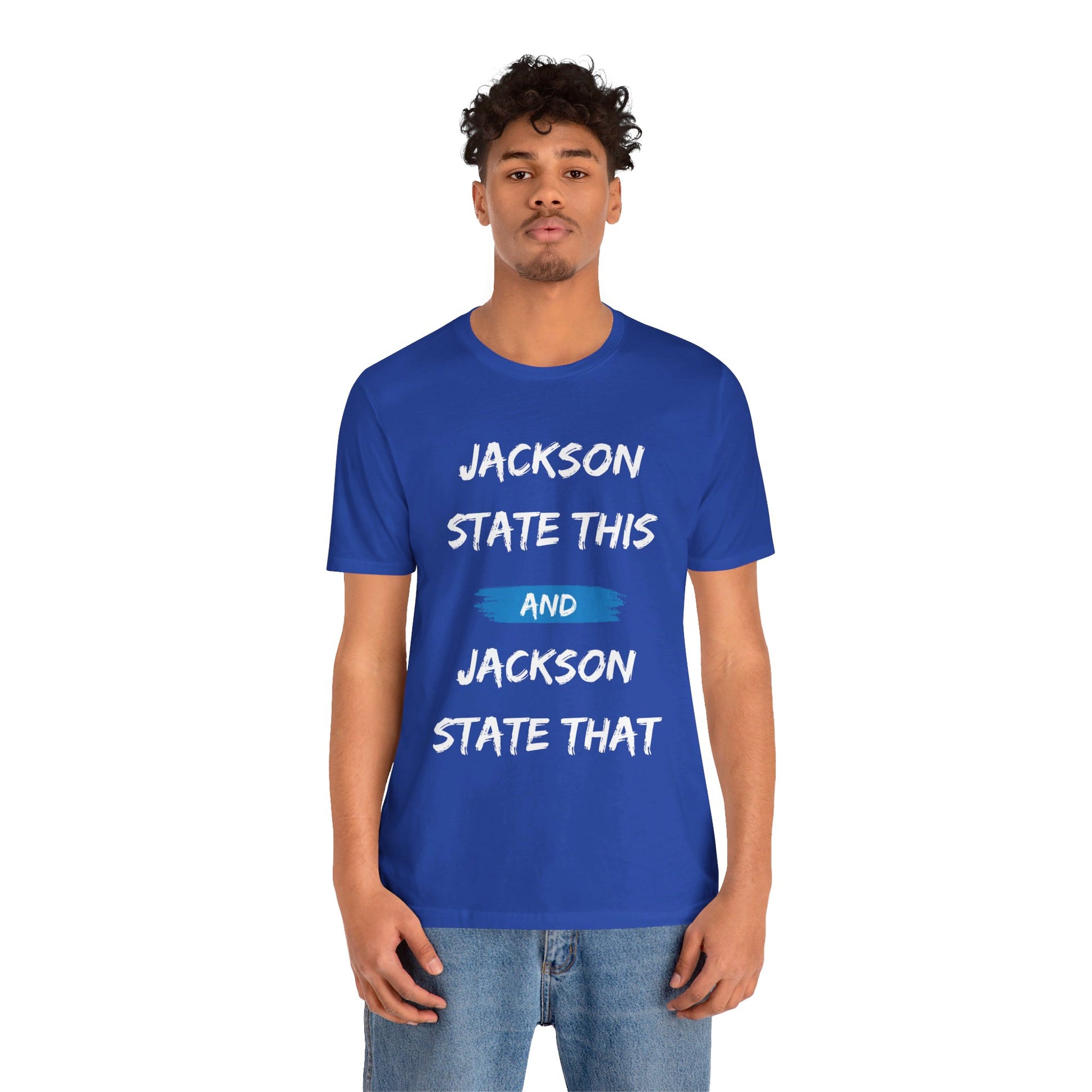 Jackson State This, Jackson State That White Baby Blue Block Men's Jersey Short Sleeve Tee Printify