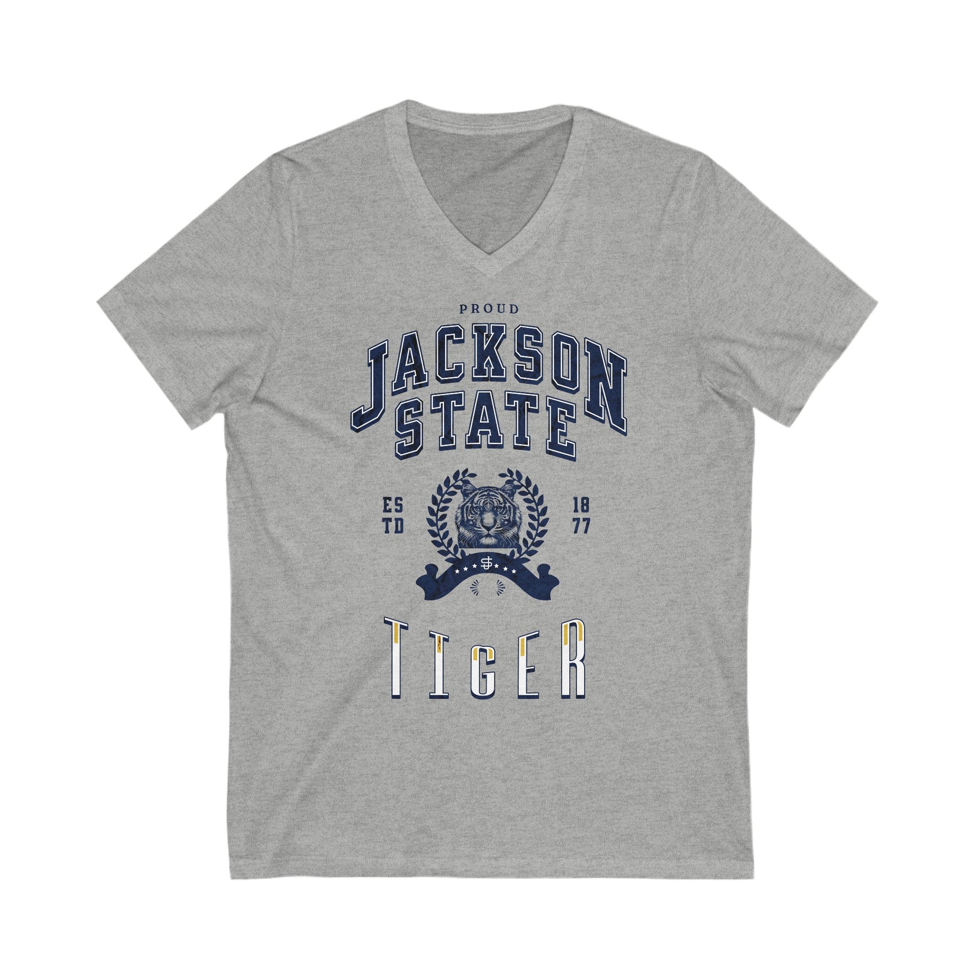 Proud Jackson State Tiger Women's Navy Jersey Deep V-Neck Tee Printify