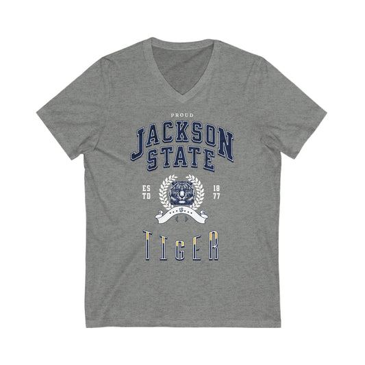 Proud Jackson State Tiger Women's White Jersey Deep V-Neck Tee