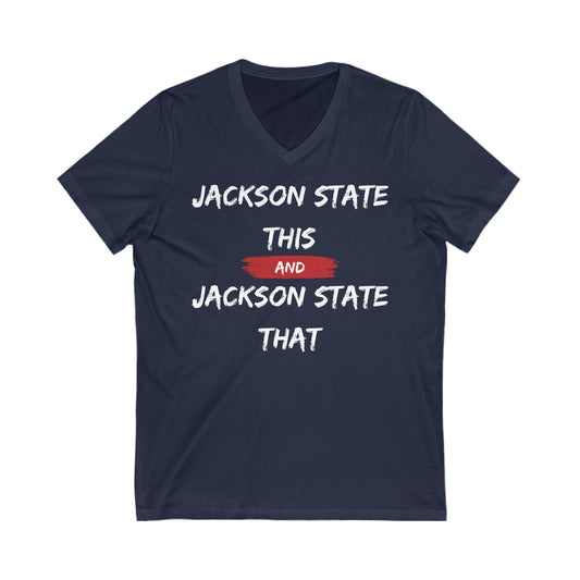 Jackson State This, Jackson State That White Red Block Women's Jersey V-Neck Tee Printify