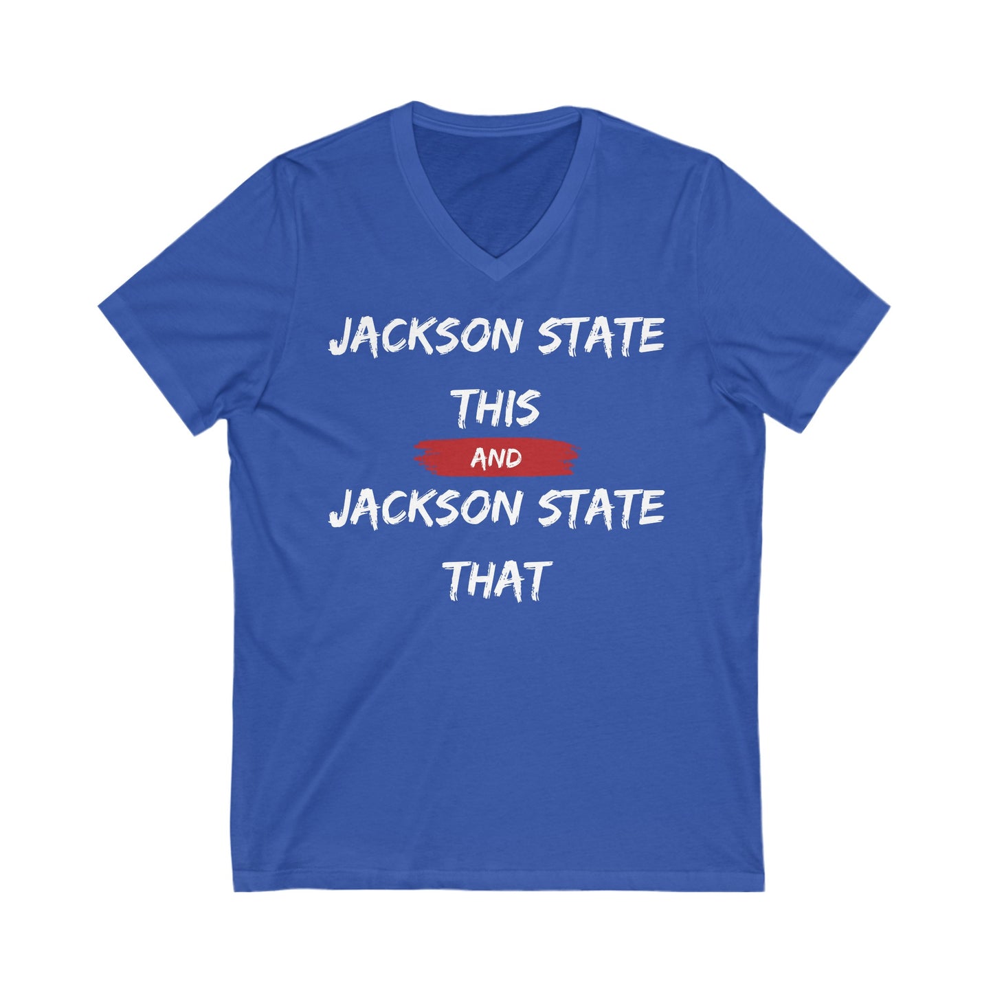 Jackson State This, Jackson State That White Red Block Women's Jersey V-Neck Tee Printify