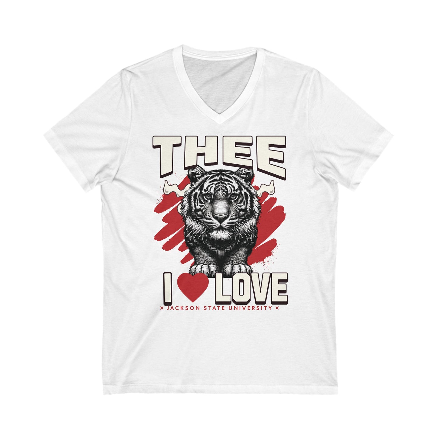 Thee I Love Jackson State University Tigerhead Women's Red Jersey Deep V-Neck Tee