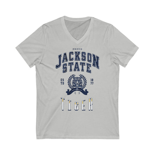 Proud Jackson State Tiger Men's Navy Jersey Short Sleeve V-Neck Tee Printify