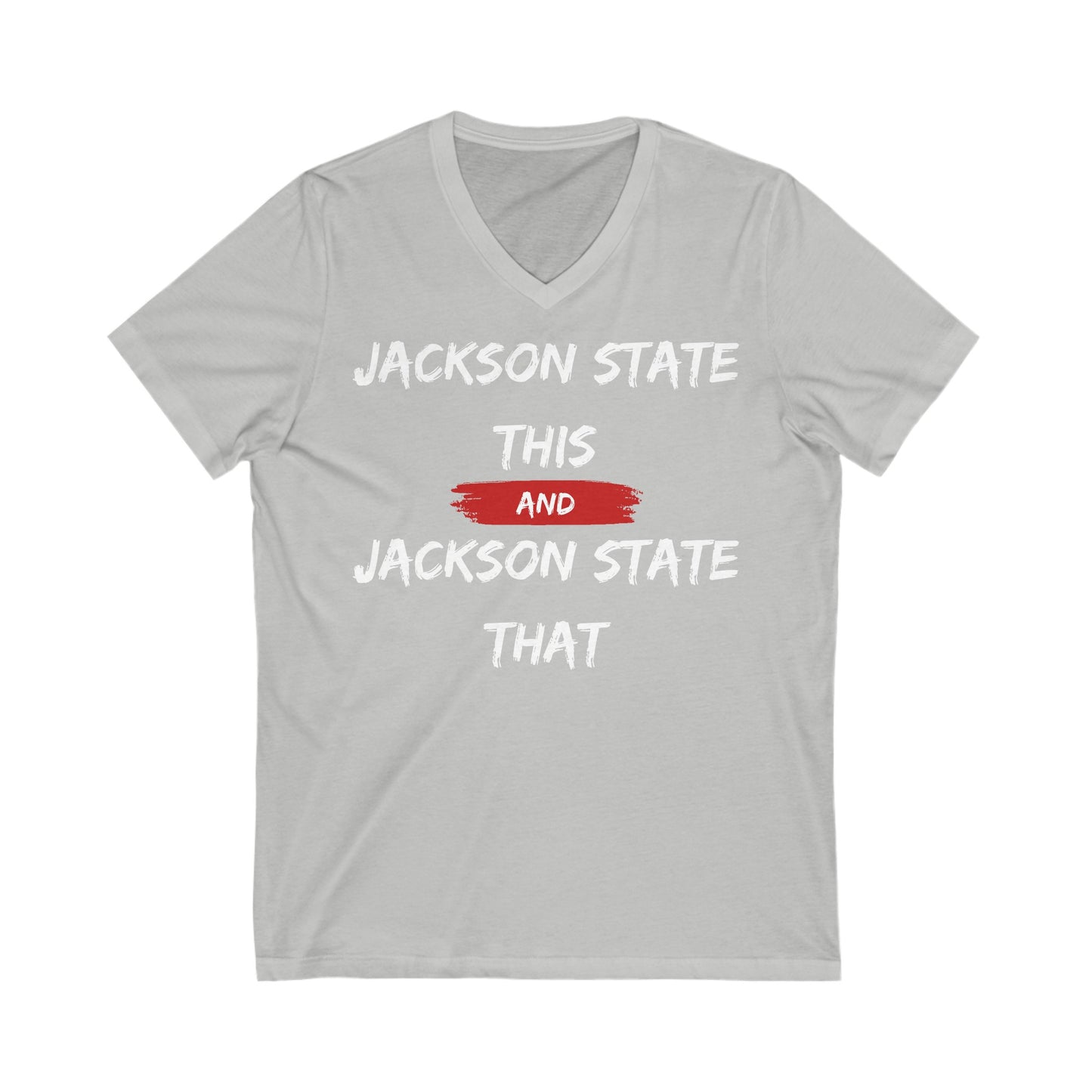 Jackson State This, Jackson State That White Red Block Men's Jersey Short V-Neck Tee Printify