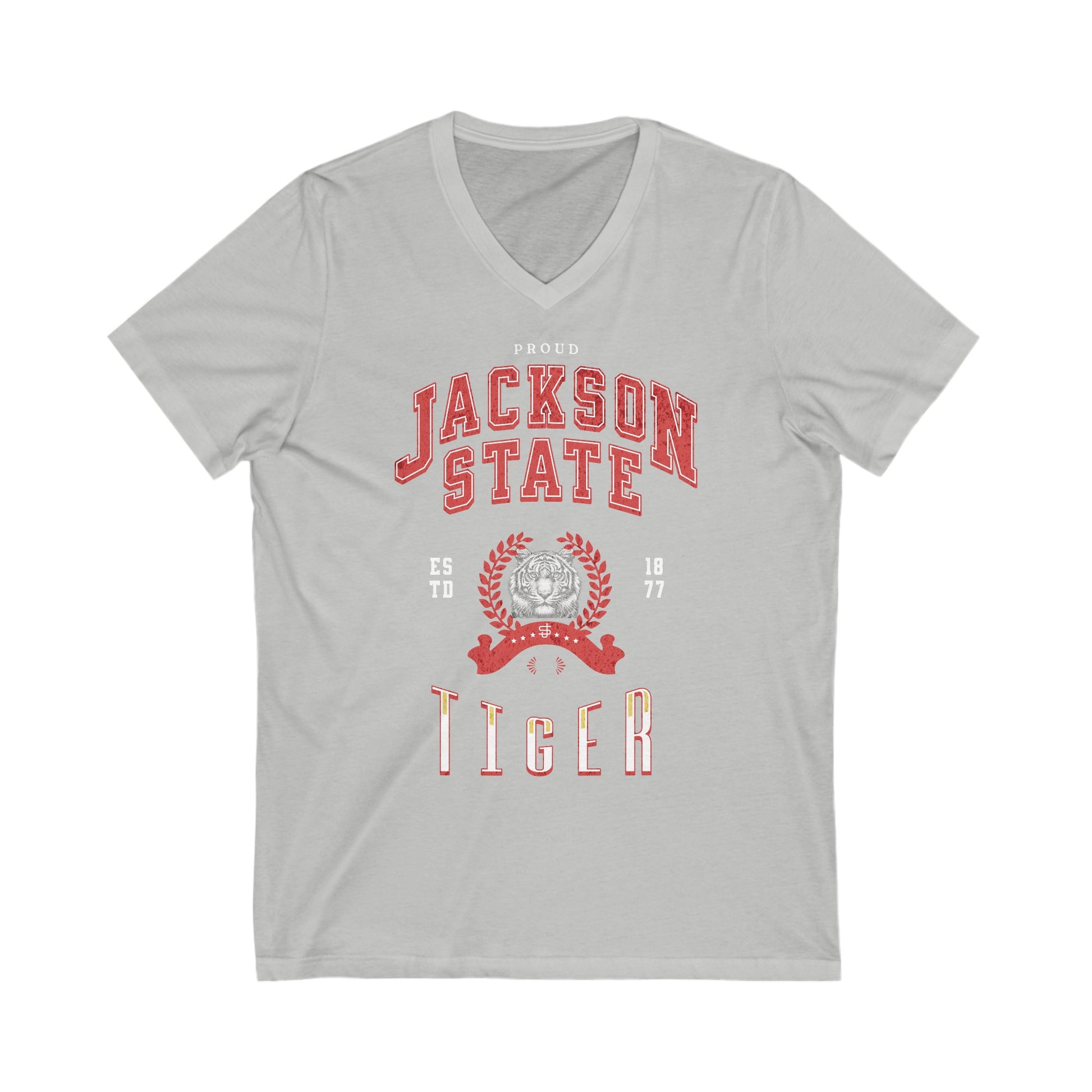 Proud Jackson State Tiger Men's Red Jersey Short Sleeve V-Neck Tee Printify