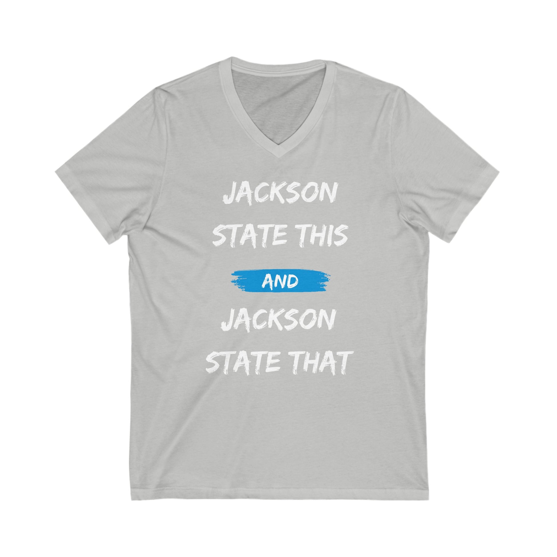 Jackson State This, Jackson State That White Baby Blue Block Men's Short Sleeve V-Neck Tee Printify