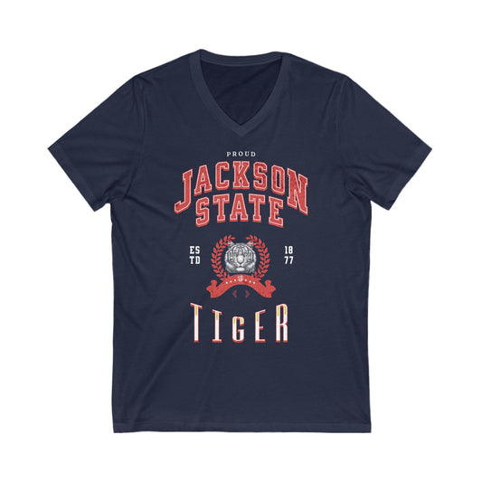 Proud Jackson State Tiger Men's Red Jersey Short Sleeve V-Neck Tee Printify