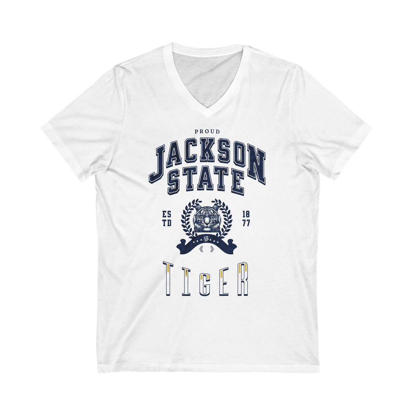 Proud Jackson State Tiger Men's Navy Jersey Short Sleeve V-Neck Tee Printify