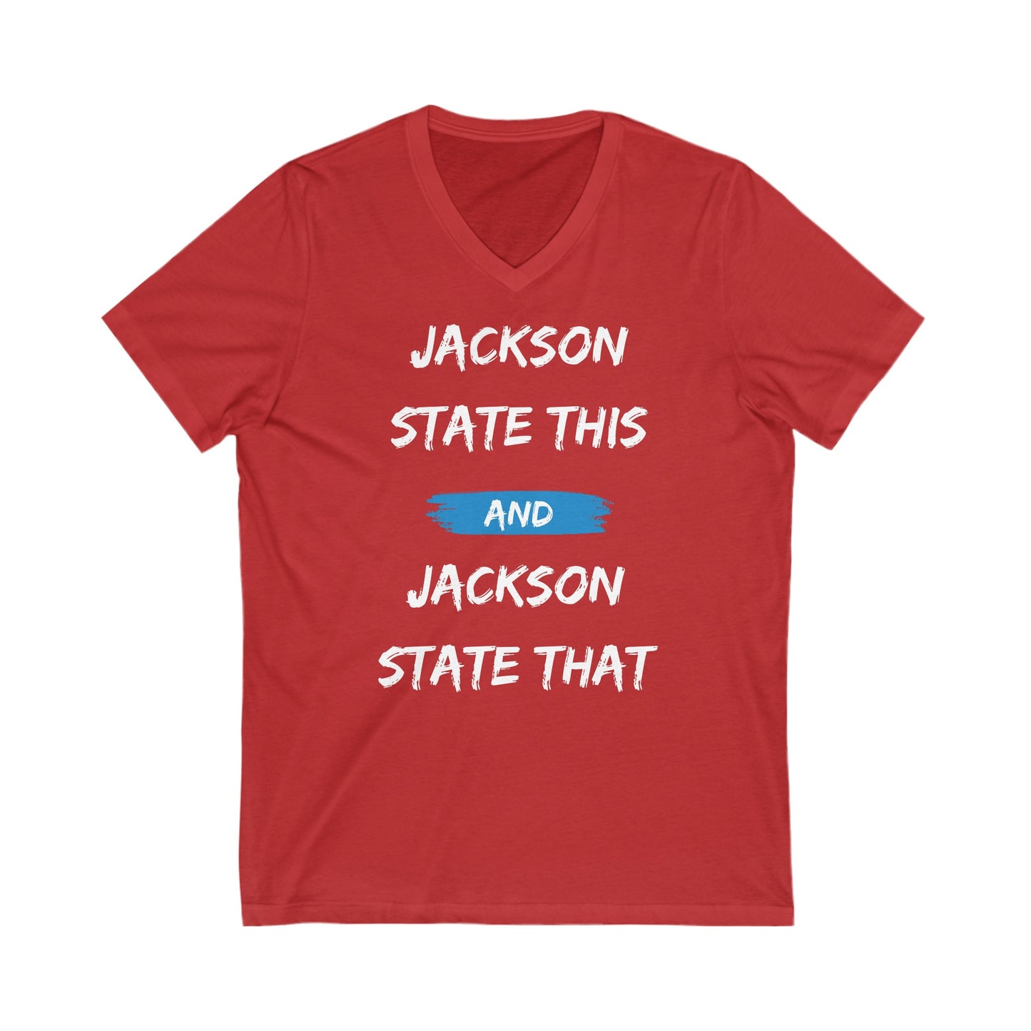 Jackson State This, Jackson State That White Baby Blue Block Women's Jersey Deep V-Neck Tee Printify