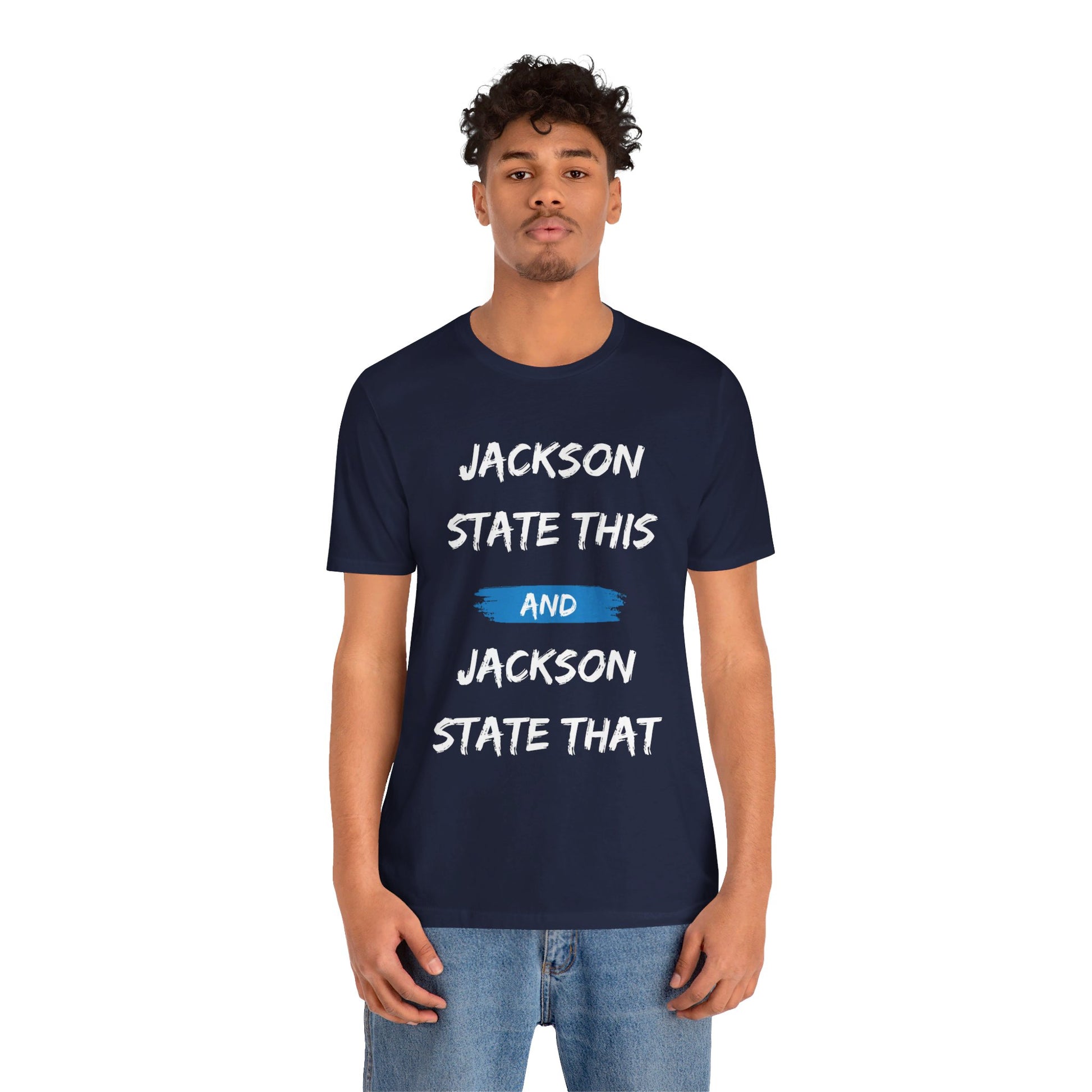 Jackson State This, Jackson State That White Baby Blue Block Men's Jersey Short Sleeve Tee Printify