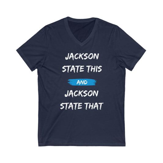 Jackson State This, Jackson State That White Baby Blue Block Men's Short Sleeve V-Neck Tee Printify