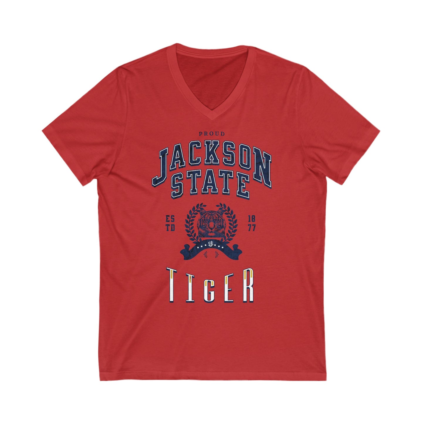 Proud Jackson State Tiger Women's Navy Jersey Deep V-Neck Tee Printify